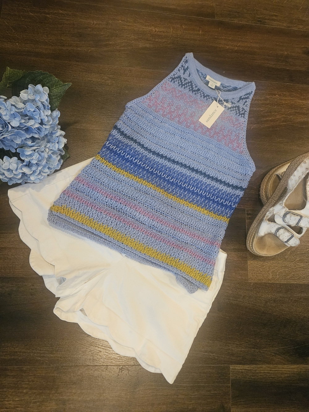 Sundance Light Blue Open-Knit Halter Tank with Pink, Navy & Yellow Stripes